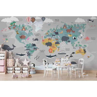 Papier peint éducatif pour enfants, carte du monde des animaux