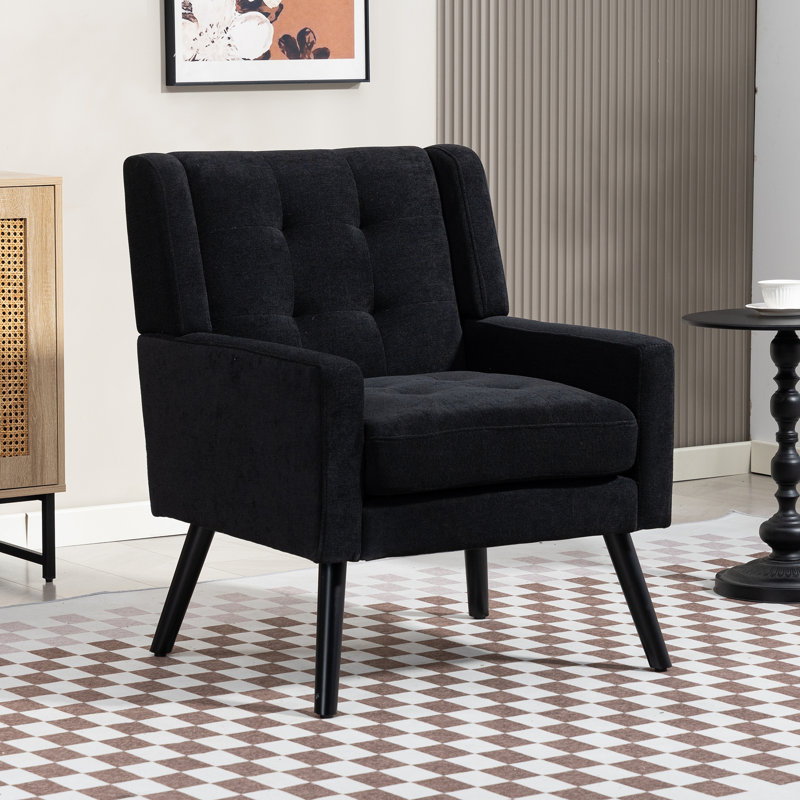 26.77" Mid-Century Modern Accent Chair, Linen & Suede Upholstery Comfy Armchair With Tufted Back, High-Density Foam Cushion And Black Solid Wood Legs