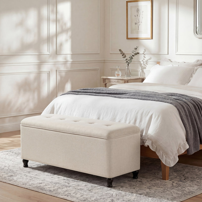 41" Rectangle Linen Storage Ottoman Bench, Off White