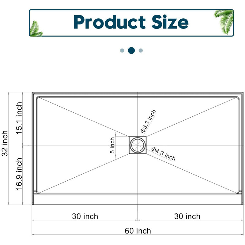 60'' W 32'' D Rectangular Single Shower Base, Center