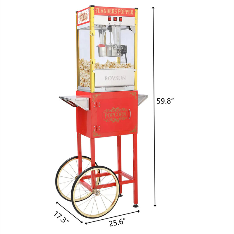 850W 120V 8Oz Kettle Popcorn Machine Maker Cart On Wheels, Red