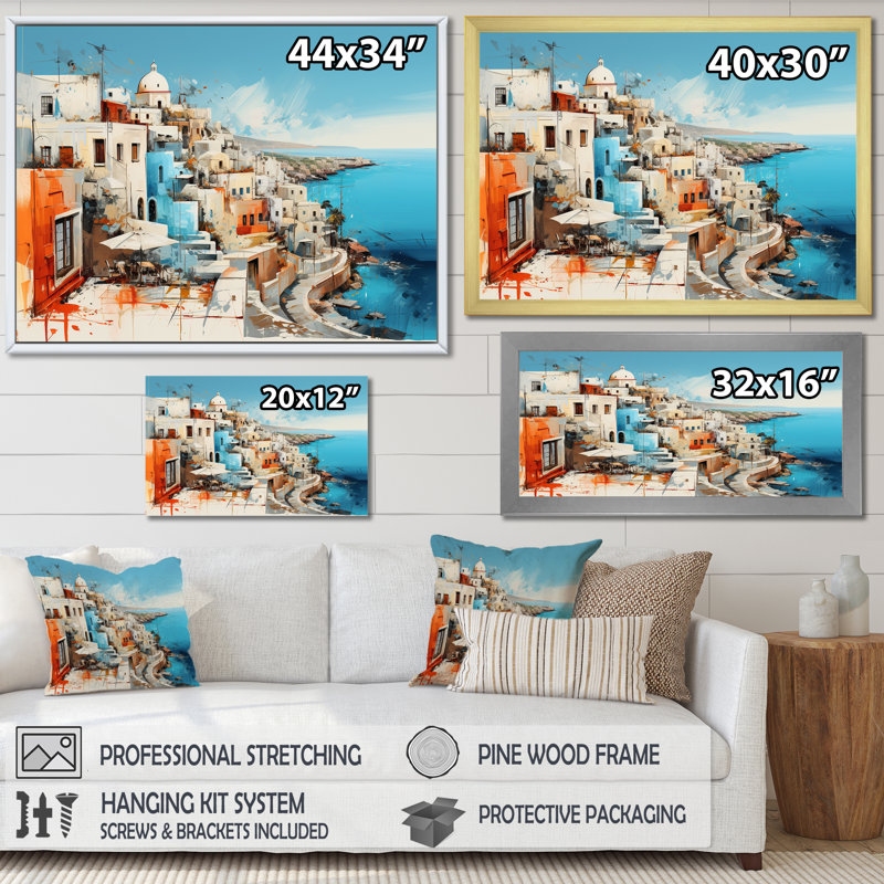 Multicolore Santorini Grèce II - Santorini, art mural, Cadre d'angle fermé noir, H 12 po x l 20 po x P 1 po