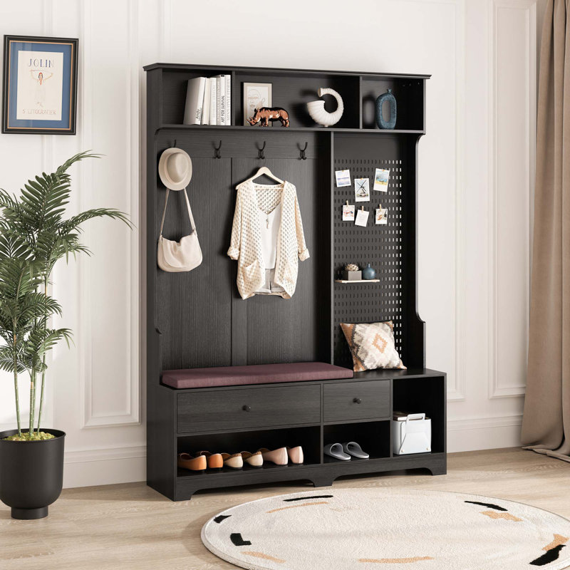 Multi-Purpose Hallway Hall Tree With Removable Linen Cushioned Entryway Bench, Black