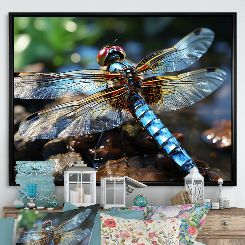 «Blue Fluttering Dragonfly I», art mural libellule, Cadre flottant noir, H 12 po x l 20 po x P 1 po