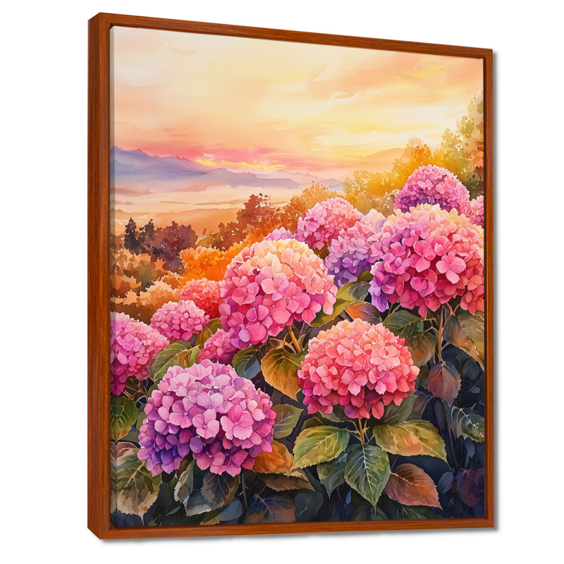 Wagner Hydrangea Field At Sunset II - Hydrangea Wall Art, Brown, Floater Framed Print, 32" H x 16" W