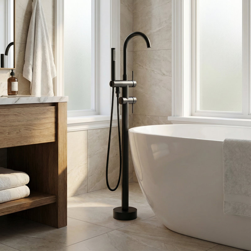 Robinet de baignoire autoportant en acier inoxydable Rotation 304 avec douche à main, Noir mat