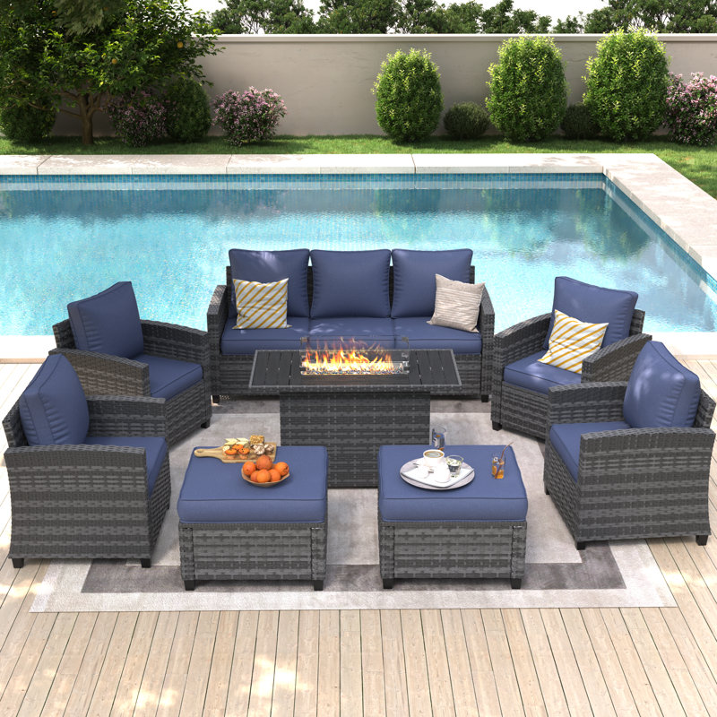 7-Person Outdoor Seating Group With Fire Pit Table, Gray, Navy