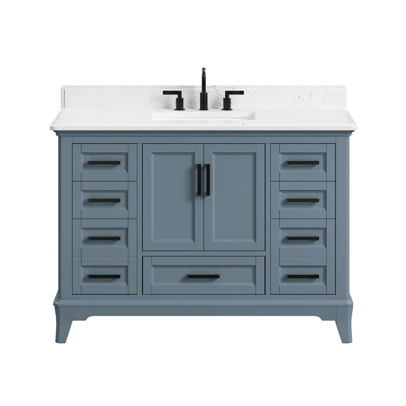 Free Standing Bathroom Vanity with Quartz Top, Matte Black, Steel Blue, 49"