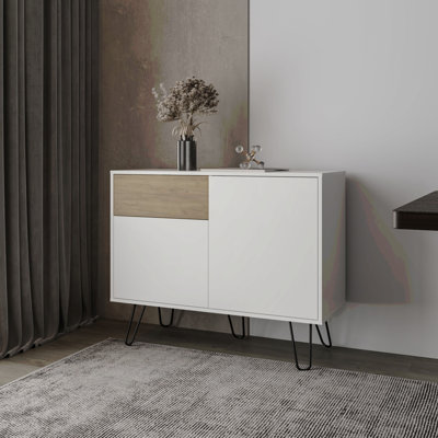 Red Rock Sideboard With Hairpin Legs, White And Natural Oak Finish