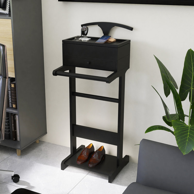Portant à vêtements avec tablettes de rangement, porte-valet en bois pour hommes femmes
