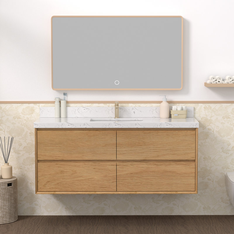 Meuble-lavabo flottant mural 48 po avec comptoir en pierre d'ingénierie blanche Calacatta et lavabo en céramique, 48"