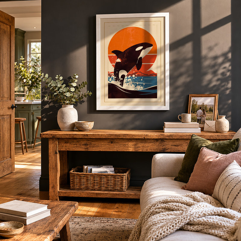 Leaping Orca at Sunset Art Deco - Framed Print, A1 - 84.1 x 59.4 cm, White