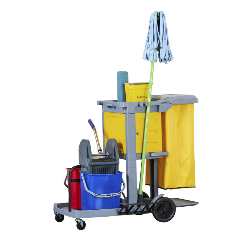 Chariot de cuisine professionnel à 3 tablettes avec roulettes, 1 chariot de nettoyage avec couvercle et sac de 18 gallons - Comprend 1 armoire verrouillable, 1 essoreuse et 2 seaux, un chariot de conciergerie en plastique gris