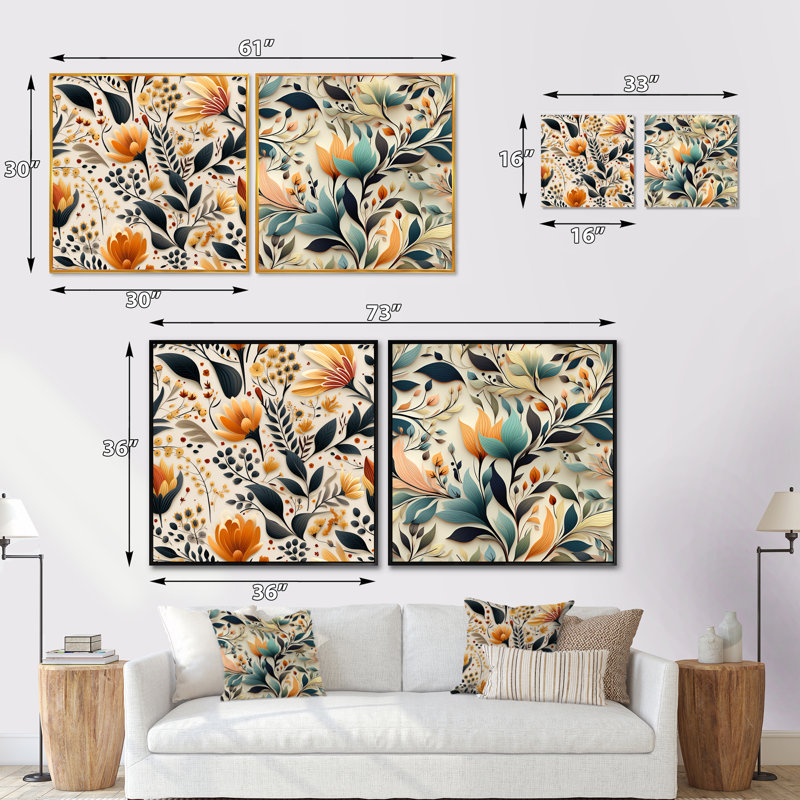 Lise - Ensemble de 2 collages carrés botaniques abstraits, Cadre flottant blanc, H 30 po x l 61 po