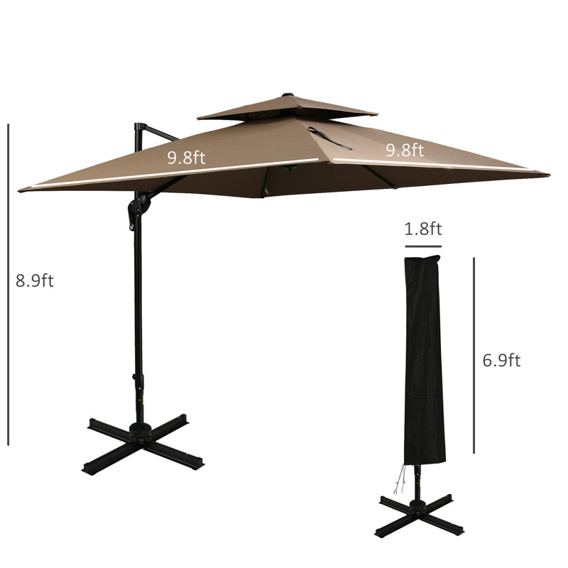 Parasol de patio extérieur excentré avec base, rotation à 360 °, style à double plateau, 8 nervures, inclinaison facile, manivelle, rotation du café à 360 degrés, fabrication de style