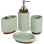 Ensemble d'accessoires de salle de bain, ensemble d'accessoires de salle de bain en céramique blanche avec accents en bois (vert / 4 pièces)