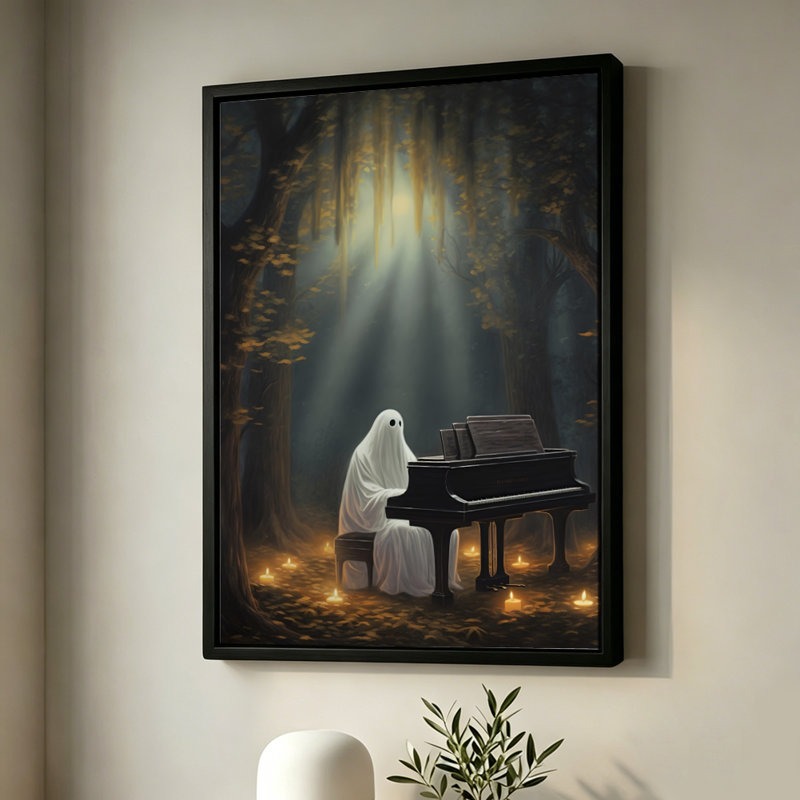 Fantôme d'Halloween jouant du piano dans une forêt mystique, tableau sur toile encadré, cadre doré, 61 x 91 cm, 24x36, Gold