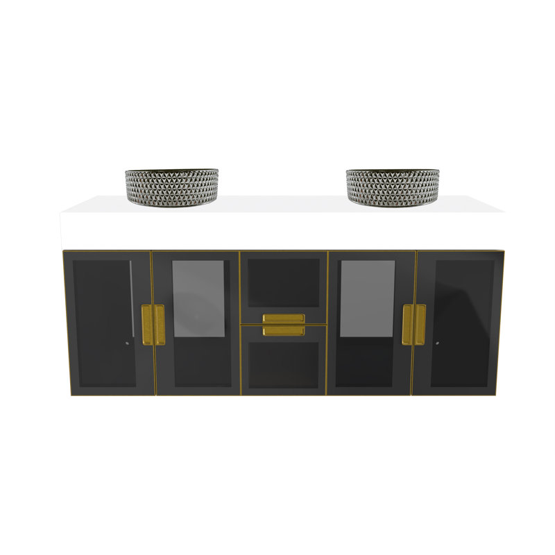 Meuble-lavabo mural moderne de luxe avec comptoir à surface solide de 60 po et lavabo vasque rond en verre, Argent