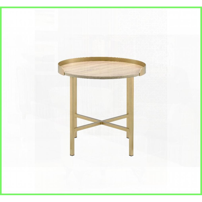 Table basse à plateau rond avec finition dorée - chêne et amp; Table de bout en métal pour le salon, durable et amp; Polyvalent