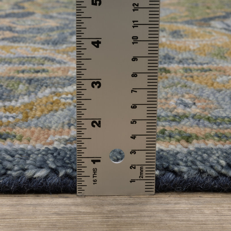 Tapis traditionnel bleu / vert en laine fabriqué à la main Gowen, Rectangle 9 pi x 11 pi 12 po