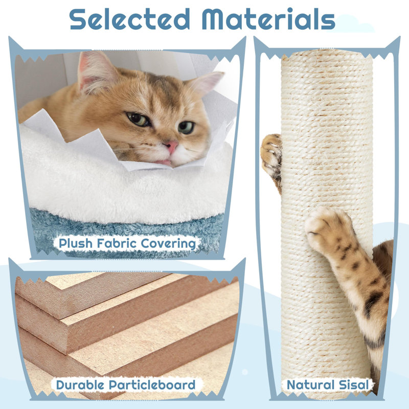 Ocean-Themed Blue and White Multi-Level Cat Tree Tower with Shark Bed