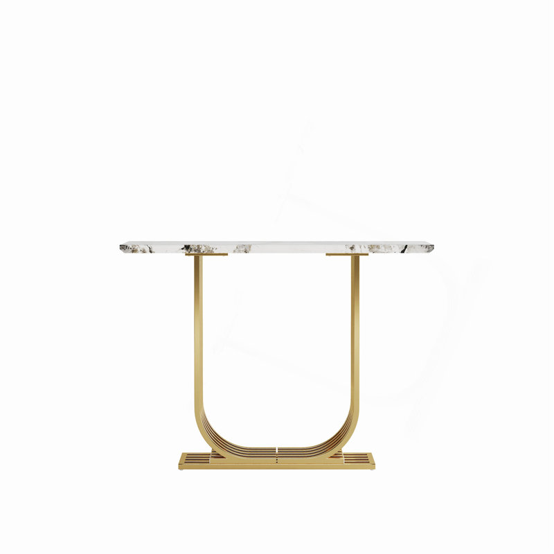 43.3-inch Narrow Console Table with Imitation Marble Top and Gold Metal Frame, Perfect for Modern Living Spaces and Small Areas.