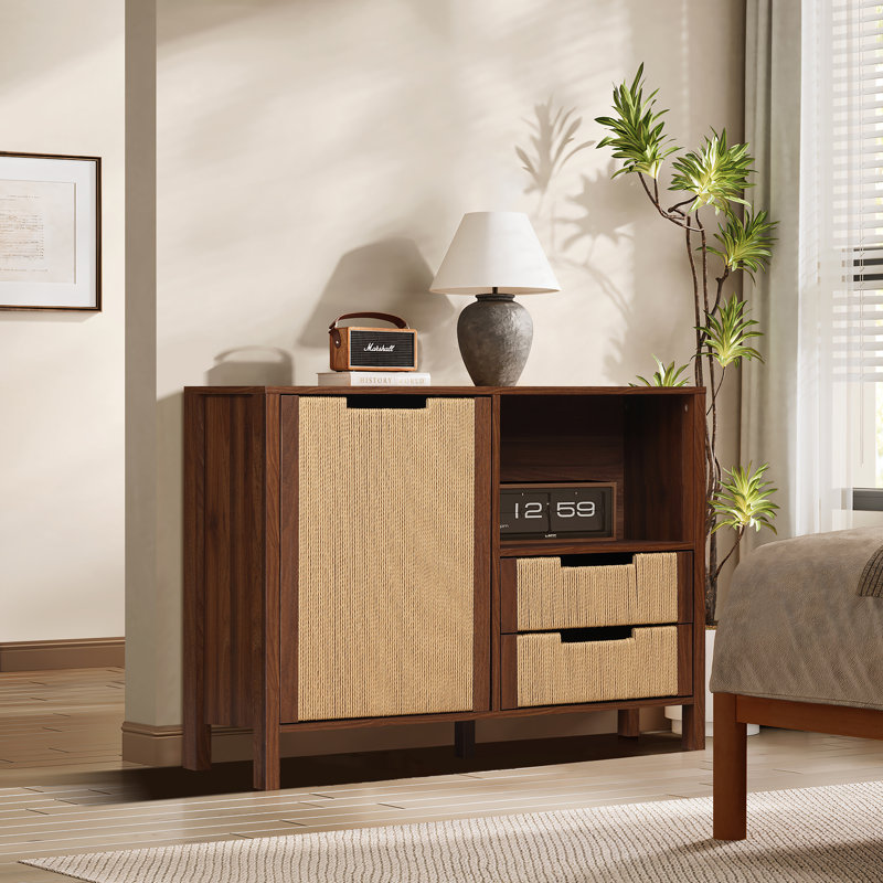 34.4'' W Walnut Storage Cabinet with Woven Rope Door