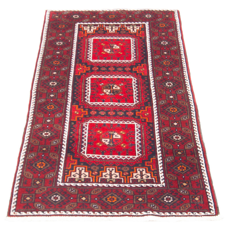 Tapis rouge en laine noué à la main de conception unique 3 pi 1 po x 6 pi New Age