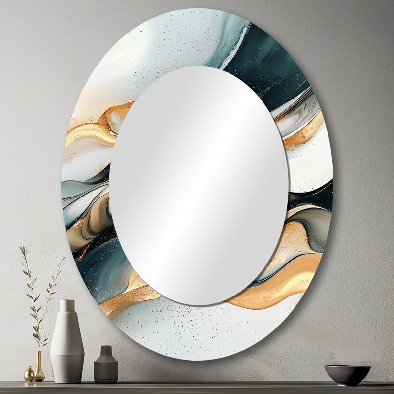 Abstrait écho glaciaire doré de reflets liquides I - Miroir décoratif ovale abstrait sur métal, 43" x 33"