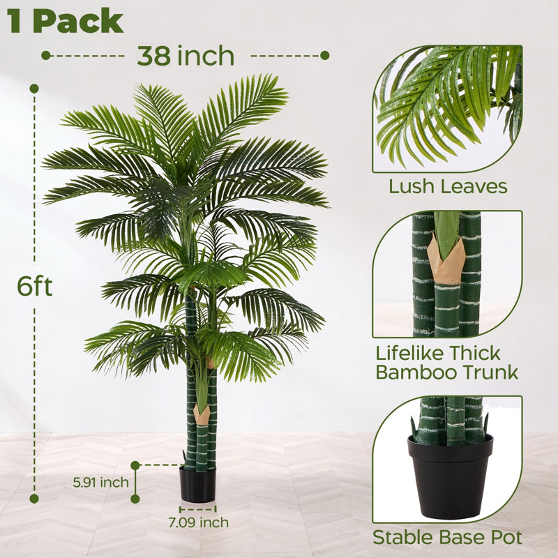 Palmier artificiel triple Golden Cane en pot de ciment, plante artificielle haute de 6 pi pour l'intérieur et l'extérieur, paquet de 1