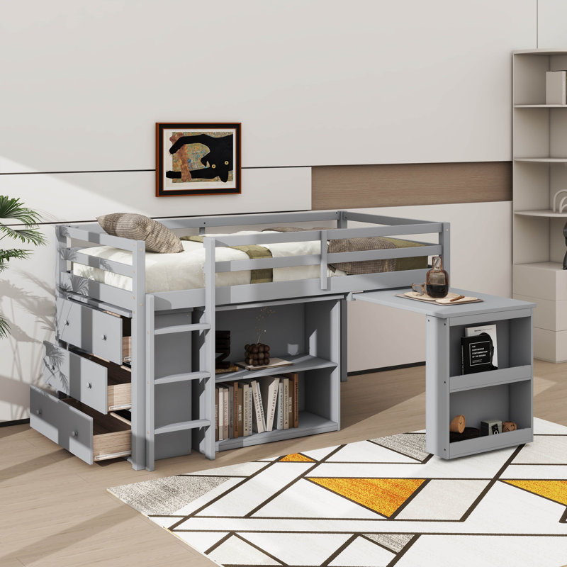 Lit mezzanine simple avec ensemble de tiroirs, tablette et bureau coulissant, gris