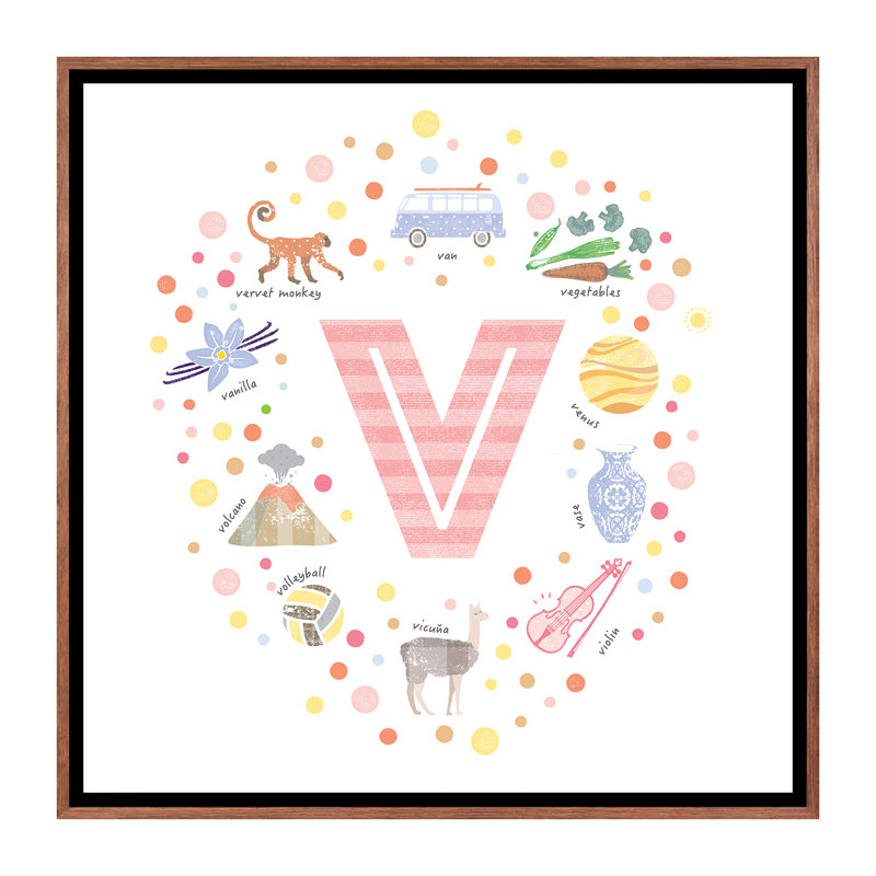 Lettre V - impression d'art graphique, Toile avec cadre brun, Pas de tapis, H 26 po x l 26 po x P 1,5 po