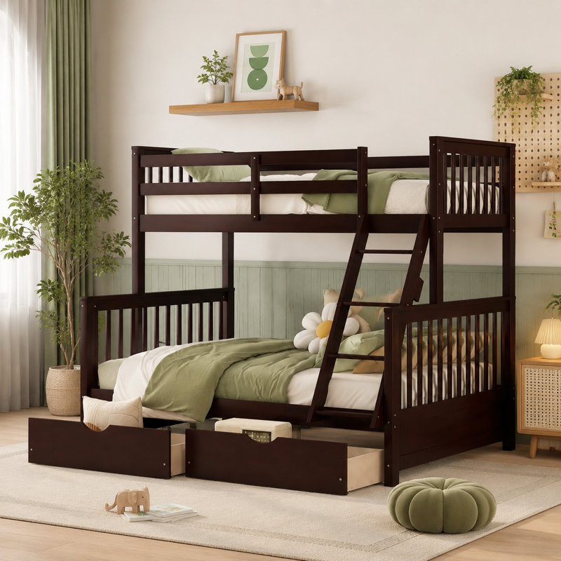 Un lit superposé brun foncé de luxe abordable doté d'une structure en bois massif et robuste et de deux tiroirs de rangement sous le lit - un choix économique pour les familles avec plusieurs enfants.