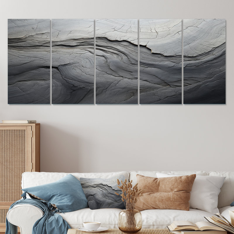 Gris et blanc pierre rivière III - abstrait, art mural 5 pièces, H 28 po x l 60 po