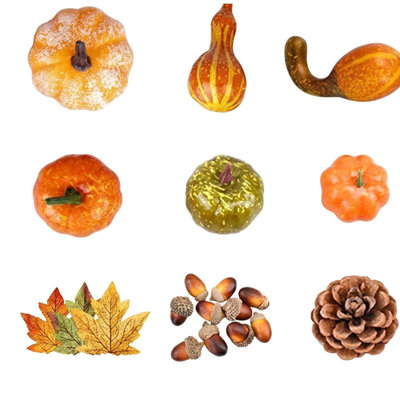 Ensemble de 70 décorations de fausse récolte d'automne avec citrouilles assorties, courges, glands, pommes de pin et feuilles d'érable pour l'Action de grâce
