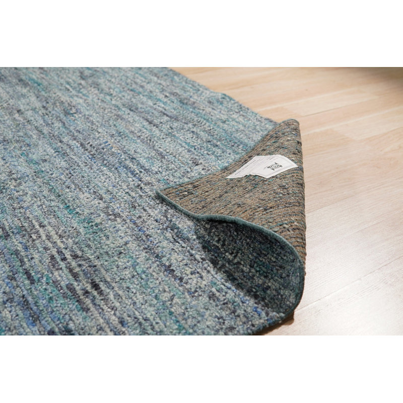 Blue Hand-Knotted Silk Horizon Woven Detail Solid Open Field Modern Contemporary Carpet Rug, 6' x 9'