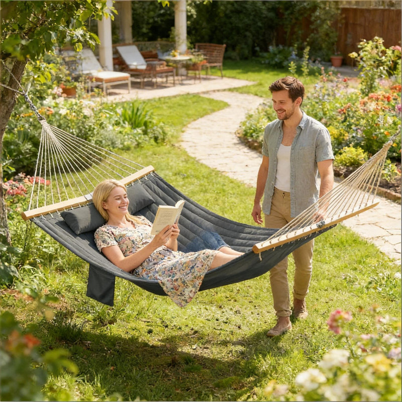 Hamac de jardin, hamac double, hamac Balconies, hamac de patio, Gris / Bois naturel