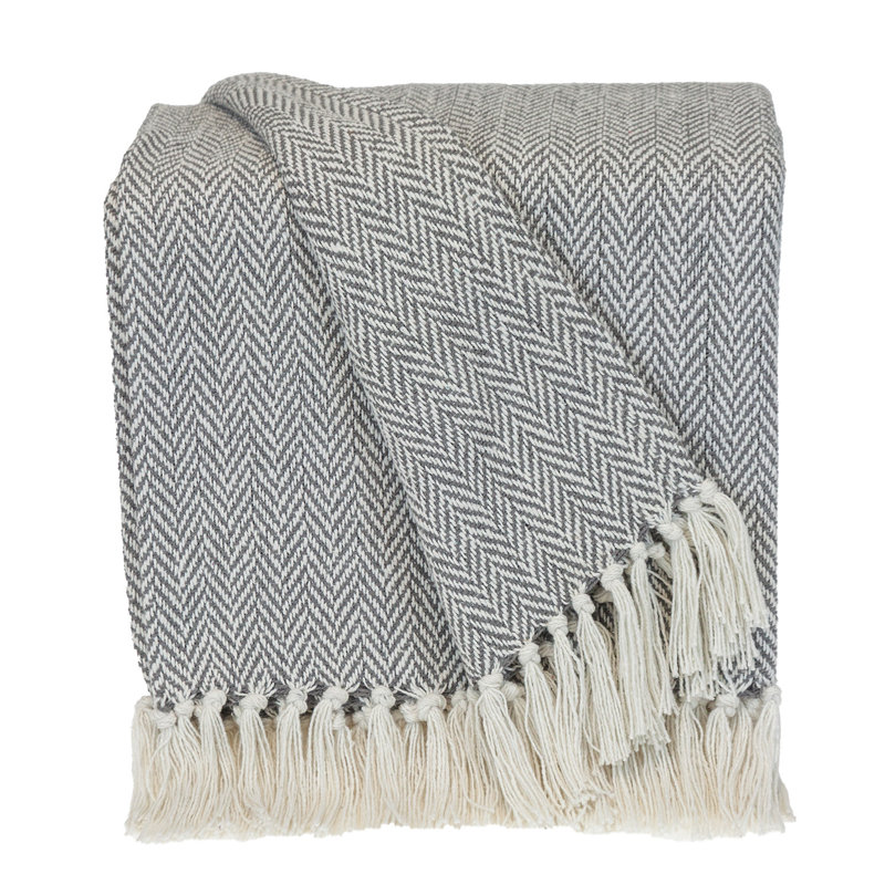 Jeté en coton gris clair tissé à la main avec pampilles