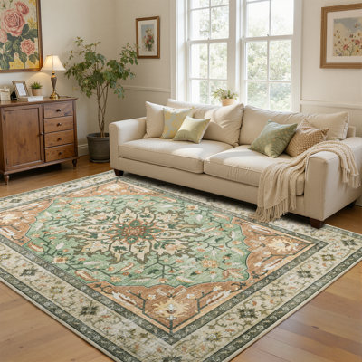 Tapis 90x150 cm pour salon, tapis de cuisine lavable à motif floral vintage, tapis doux à poils courts et antidérapant pour chambre, salle à manger ou bureau, tapis d'intérieur brun et vert vieilli