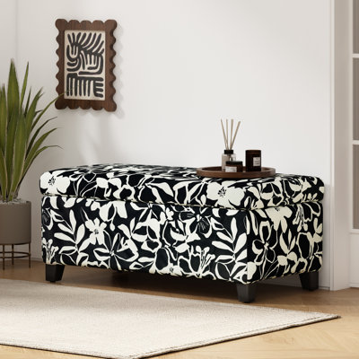  Upholstered Storage Ottoman Bench with Hinged Lid, Floral Fabric Accent Seat for Living Room or Bedroom, Black