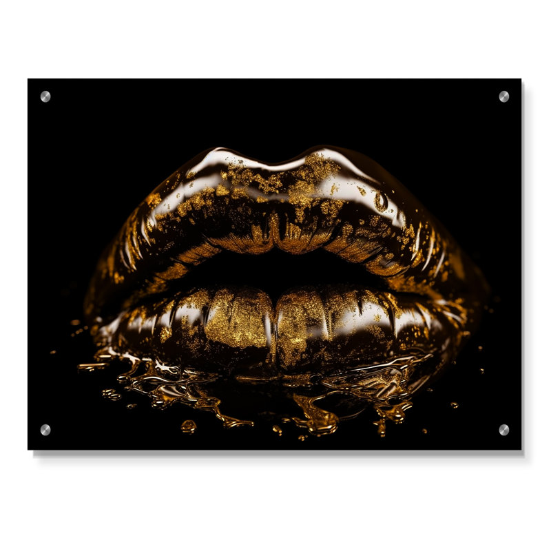 Lèvres métalliques dorées - Art mural acrylique tendance pour la cuisine, H 12 po x l 20 po
