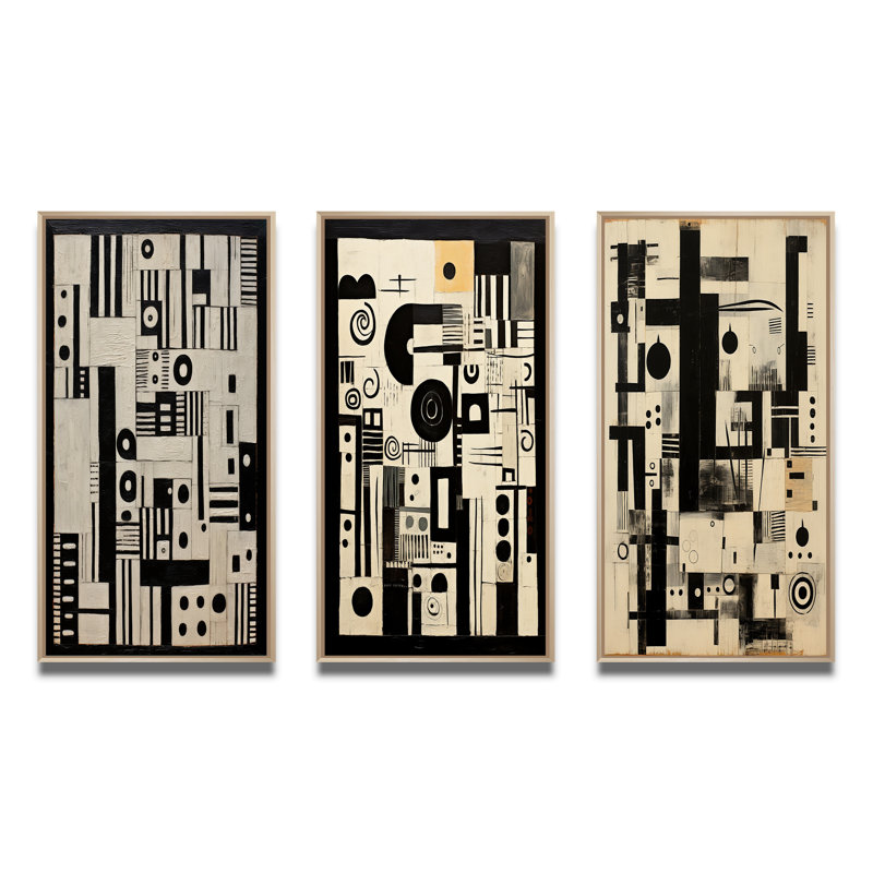 "Lithographie urbaine et sagesse noire I", 3 pièces sur toile, Cadre naturel flottant, H 20 po x l 36 po