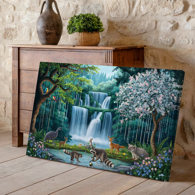 Toile «A Serene Enchanting Forest Scene mettant en vedette une cascade d'eau encadrée» par Lush Greenery and Vibrant Flowers