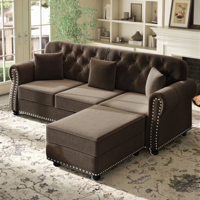 Annalease Chesterfield Sectional Sofa, Modern Farmhouse Velvet Couch With Ottoman