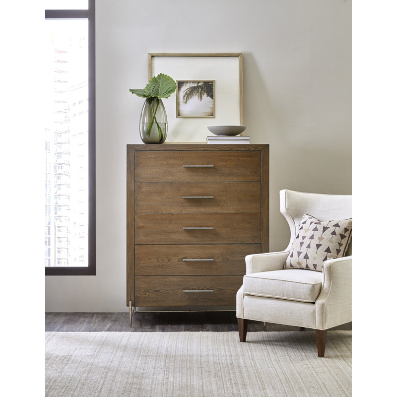 Medium Brown Oak Five-Drawer Dresser with Pewter Hardware