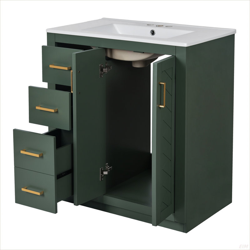 Ensemble de meuble-lavabo 30 po avec lavabo en céramique, armoire de rangement en bois massif, ensemble de meuble-lavabo autoportant avec 3 tiroirs et portes à fermeture douce