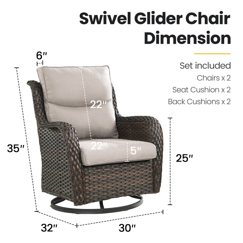 Outdoor Wicker Swivel Glider Chairs With 5" Cushions, Beige, Brown
