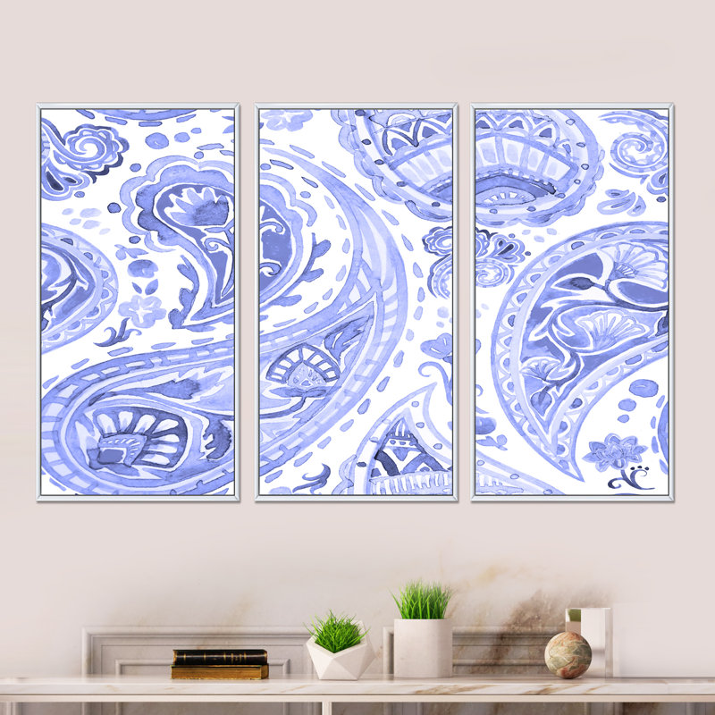 Native Indian Design Blue II - 3 pièces, reproduction sur toile, H 20 po x l 36 po x P 1 po, Cadre blanc