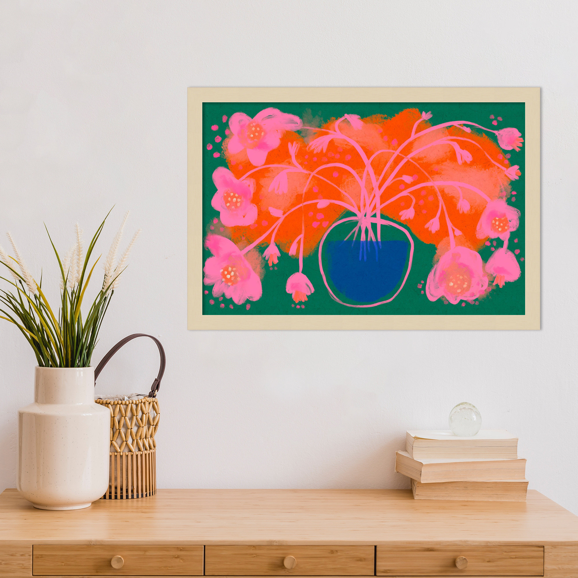 Pink Flower Bouquet by Treechild  Wood Framed Wall Art Print, Brown, 15" H x 21" W