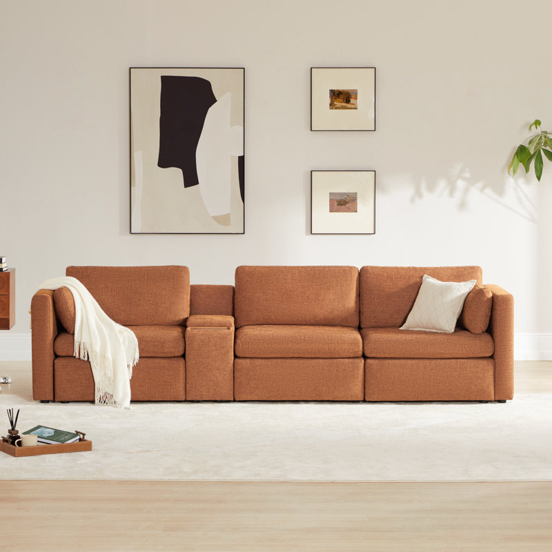 Canapé rembourré 3 pièces de 112,6 po avec console Winfree, Orange